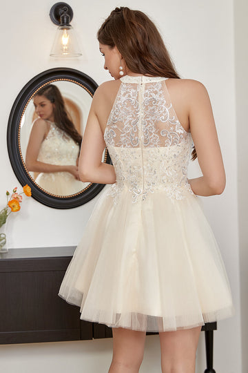 Champagne Beaded Halter Tulle Short Formal Dress